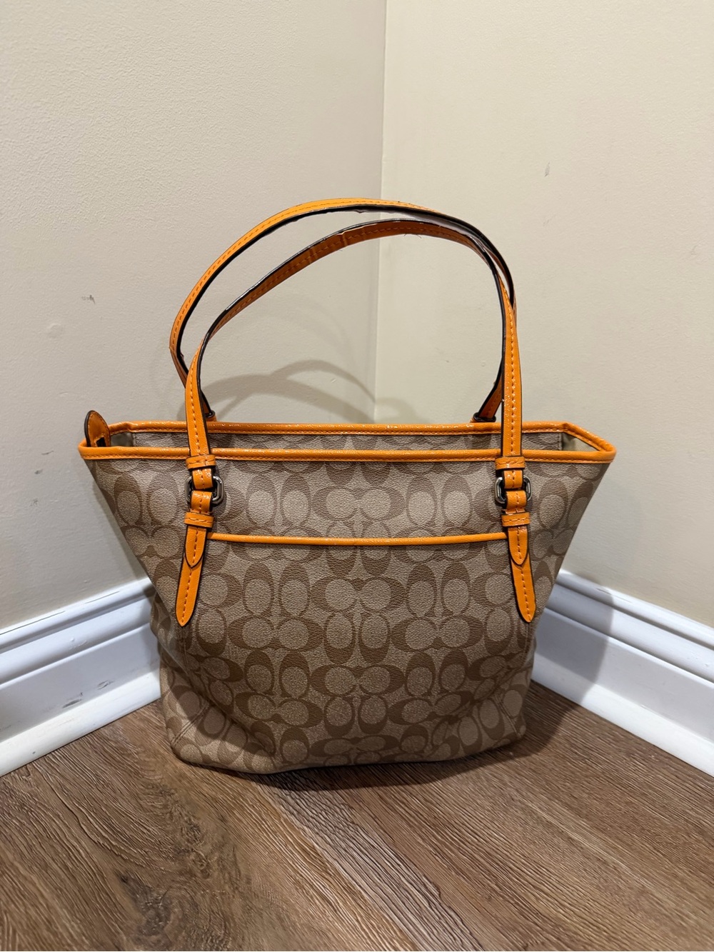 Coach Signature Canvas Zip Top Tote Bag Khaki Orange Leather Trim - Picture 3 of 13